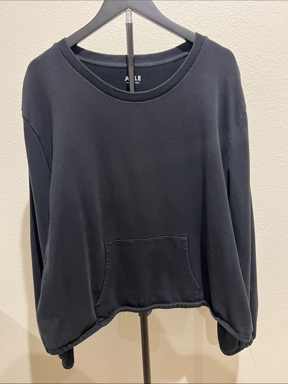 Able Black Relaxed Crew Sweatshirt with Kangaroo Pocket